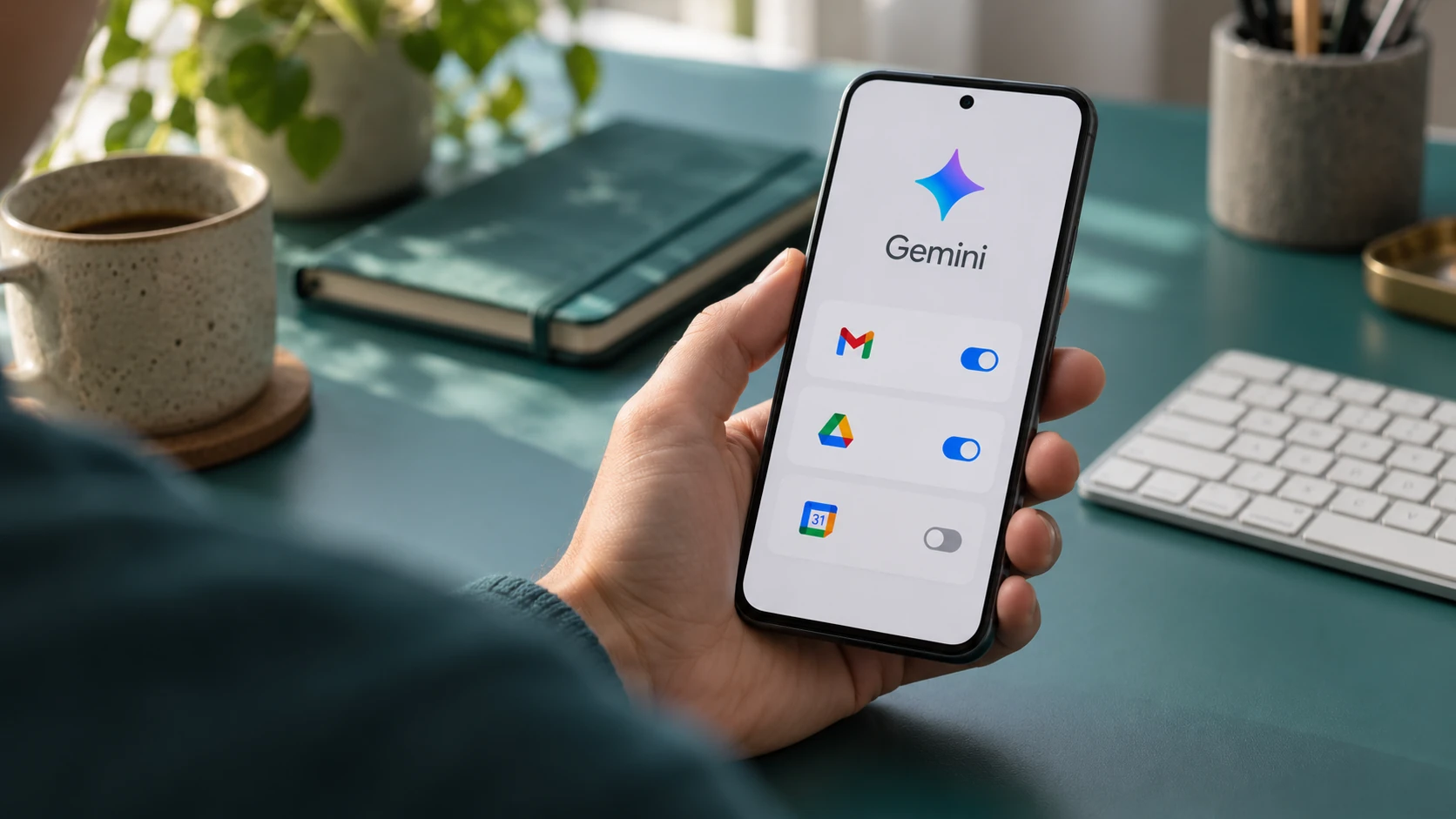 Teléfono sostenido en una mano con Gemini y controles conceptuales de aplicaciones conectadas.